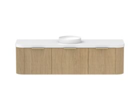 Supporting Image - Kado Neue Fluted Double Curve All Drawer 1800mm Wall Hung Vanity with Centre Basin Durasein 50mm Top Boston Oak