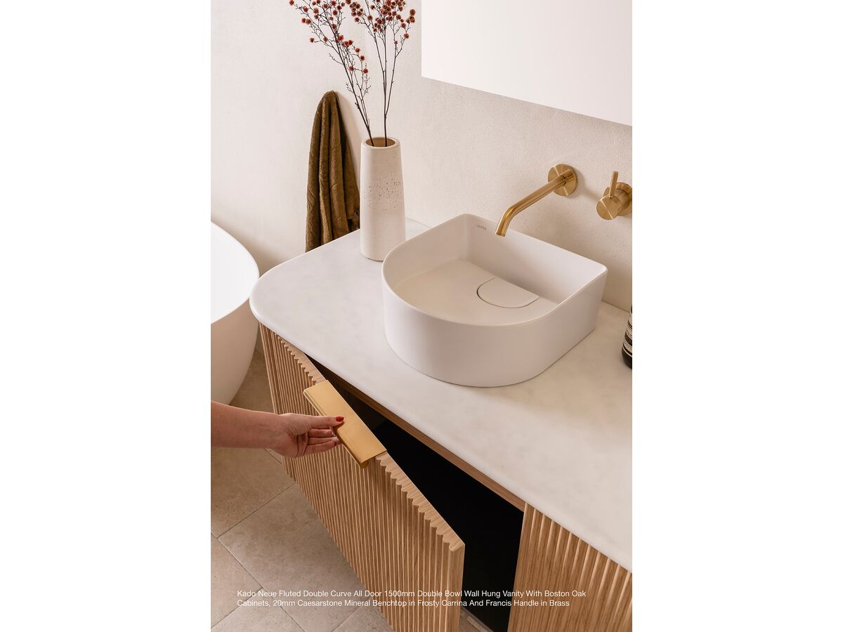 Kado Neue Fluted Double Curve All Door 1500mm Double Bowl Wall Hung vanity with Boston Oak cabinets, 20mm Caesarstone Mineral benchtop in Frosty Carrina and Francis handle in Brass
