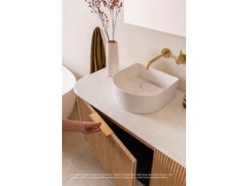 Kado Neue Fluted Double Curve All Door 1500mm Double Bowl Wall Hung vanity with Boston Oak cabinets, 20mm Caesarstone Mineral benchtop in Frosty Carrina and Francis handle in Brass