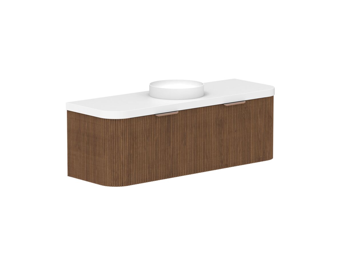 Supporting Image - Kado Neue Fluted Double Curve All Drawer 1500mm Wall Hung Vanity with Centre Basin Durasein 50mm Top Florentine Walnut