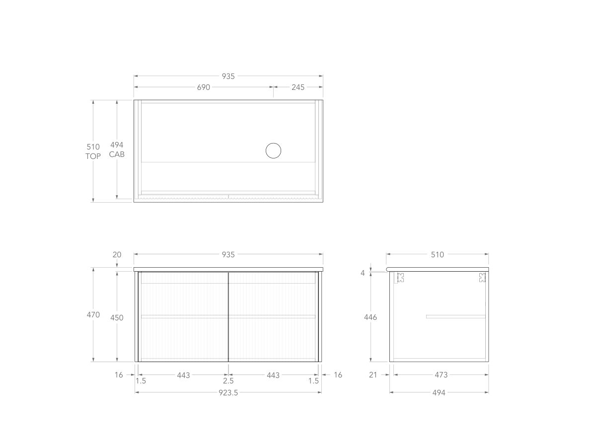 Technical Drawing - Kado Neue Fluted Square All Door 900mm Wall Hung Vanity with Right Basin 20mm Top