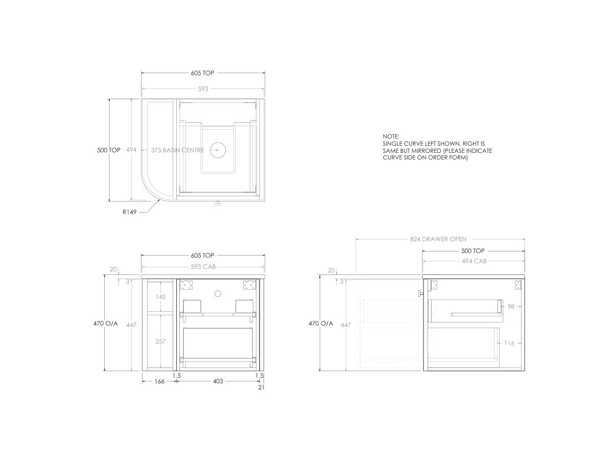 Technical Drawing - Kado Era Single Curve All Drawer 600mm Wall Hung Vanity with Centre Basin 20mm Top