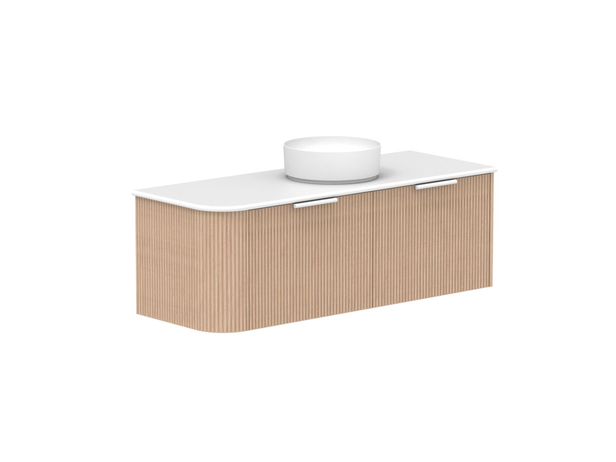 Supporting Image 2- Kado Neue Fluted Single Curve All Drawer 1350mm Wall Hung Vanity with Centre Basin 20mm Top Blonde Oak