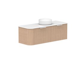 Supporting Image 2- Kado Neue Fluted Single Curve All Drawer 1350mm Wall Hung Vanity with Centre Basin 20mm Top Blonde Oak