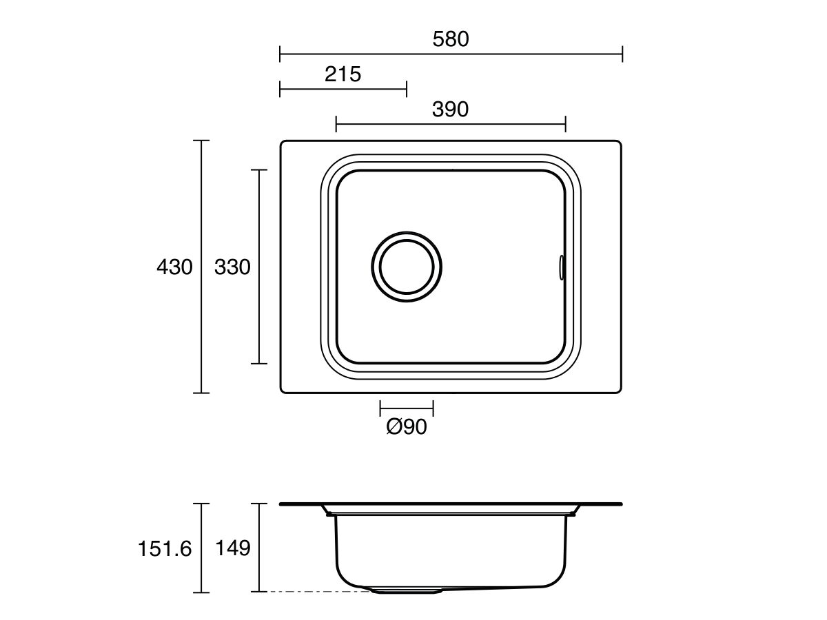 Technical Drawing - Posh Solus Care Single Bowl Sink No Taphole with Overflow Stainless Steel