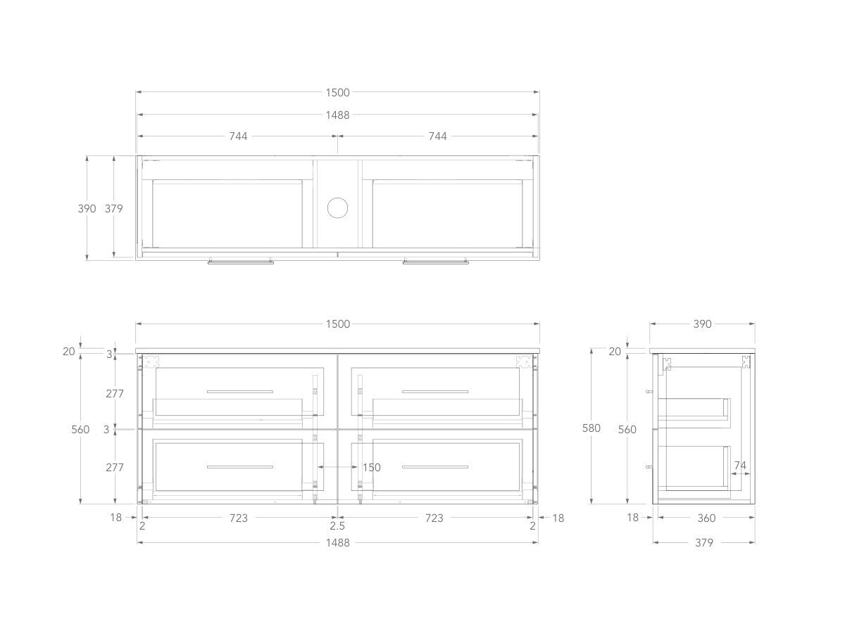 Technical Drawing - Kado Lux Ensuite All Drawer Twin 1500mm Wall Hung Centre Basin 20mm Top