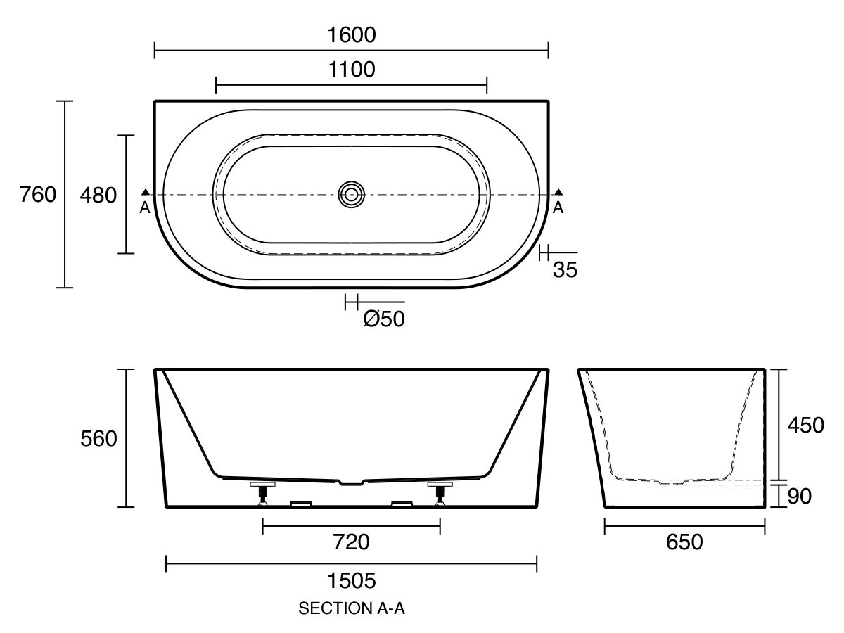 Posh Solus Back To Wall Freestanding Bath 1600mm