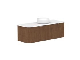 Hero - Kado Neue Fluted Single Curve All Drawer 1350mm Wall Hung Vanity with Centre Basin 20mm Top Florentine Walnut