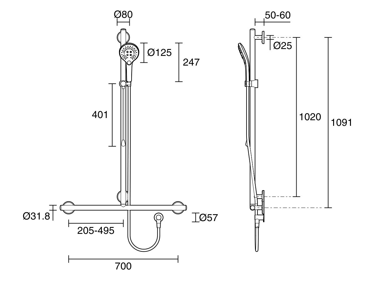 Mizu Drift 700 x 1100mm Independent T-Shower Modular Grab Rail Kit 3 function (5 Star)