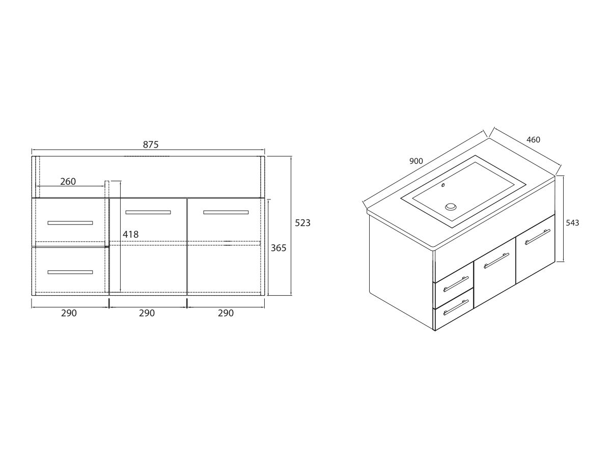 Posh Bristol MK2 900mm Wall Hung Vanity Unit Centre Bowl 2 Doors and 2 Left Hand Drawers White