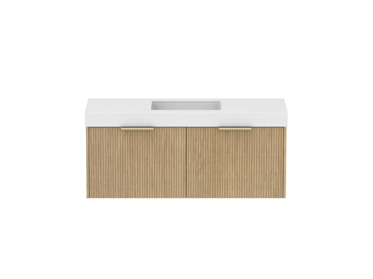Supporting Image - Kado Neue Fluted Square All Drawer 1200mm Wall Hung Vanity with Centre Basin 90mm Top Boston Oak