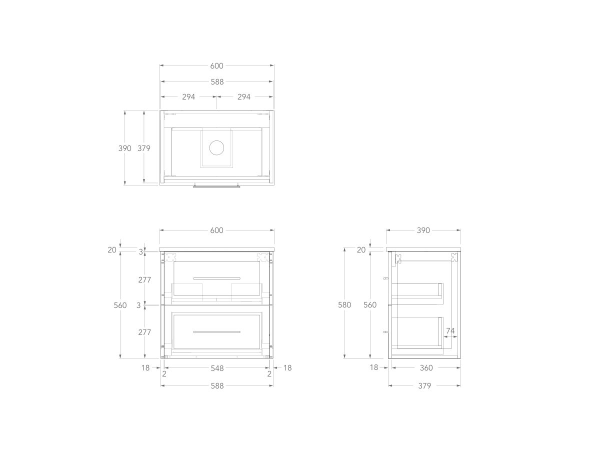 Technical Drawing - Kado Lux Ensuite All Drawer Twin 600mm Wall Hung Centre Basin 20mm Top
