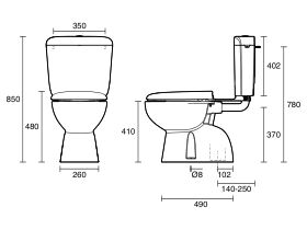 Technical Drawing - Posh Solus Plastic Link Toilet Suite with Concealed S-Trap Soft Close Seat White (4 Star)
