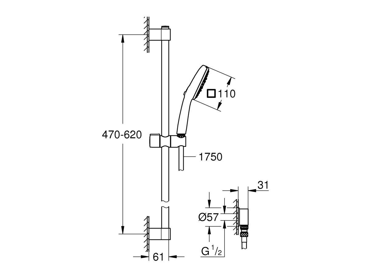 Technical Image - GROHE Tempesta Cube 3 Function Single Rail Shower