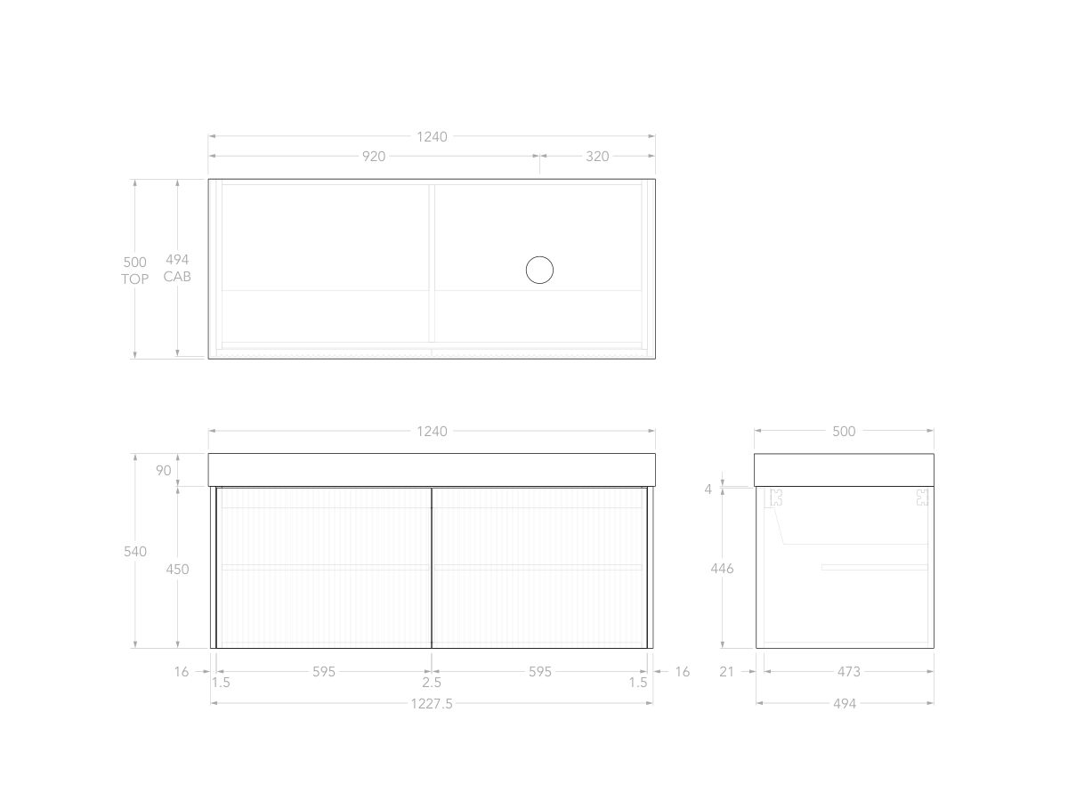 Technical Drawing - Kado Neue Fluted Square All Door 1200mm Wall Hung Vanity with Right Hand Basin 90mm Top