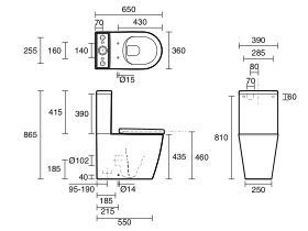 Technical Drawing - Kado Lux Close Coupled Back to Wall Rimless Overheight Back Inlet Pan (4 Star)