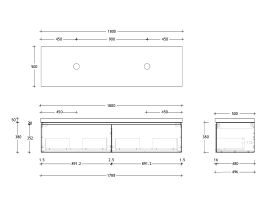 Technical Drawing - Posh Domaine 1800mm Wall Hung Vanity Unit All-Drawer Double Bowl 50mm Top