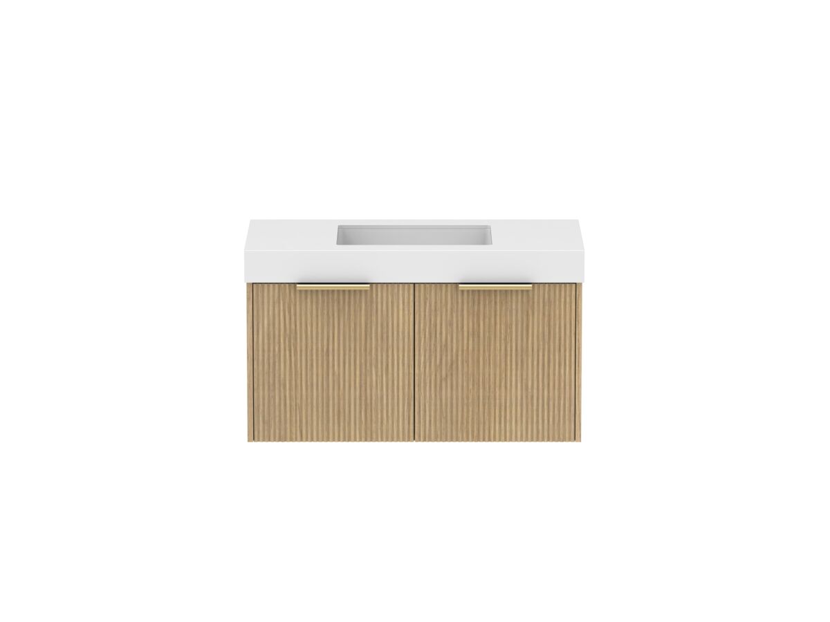 Supporting Image - Kado Neue Fluted Square All Drawer 900mm Wall Hung Vanity with Centre Basin 90mm Top Boston Oak