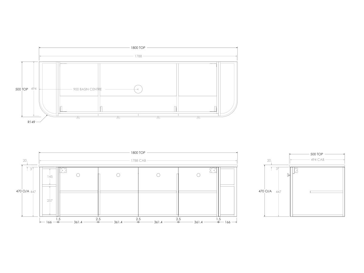 Technical Drawing - Kado Era Double Curve All Door 1800mm Wall Hung Vanity with Centre Basin 20mm Top
