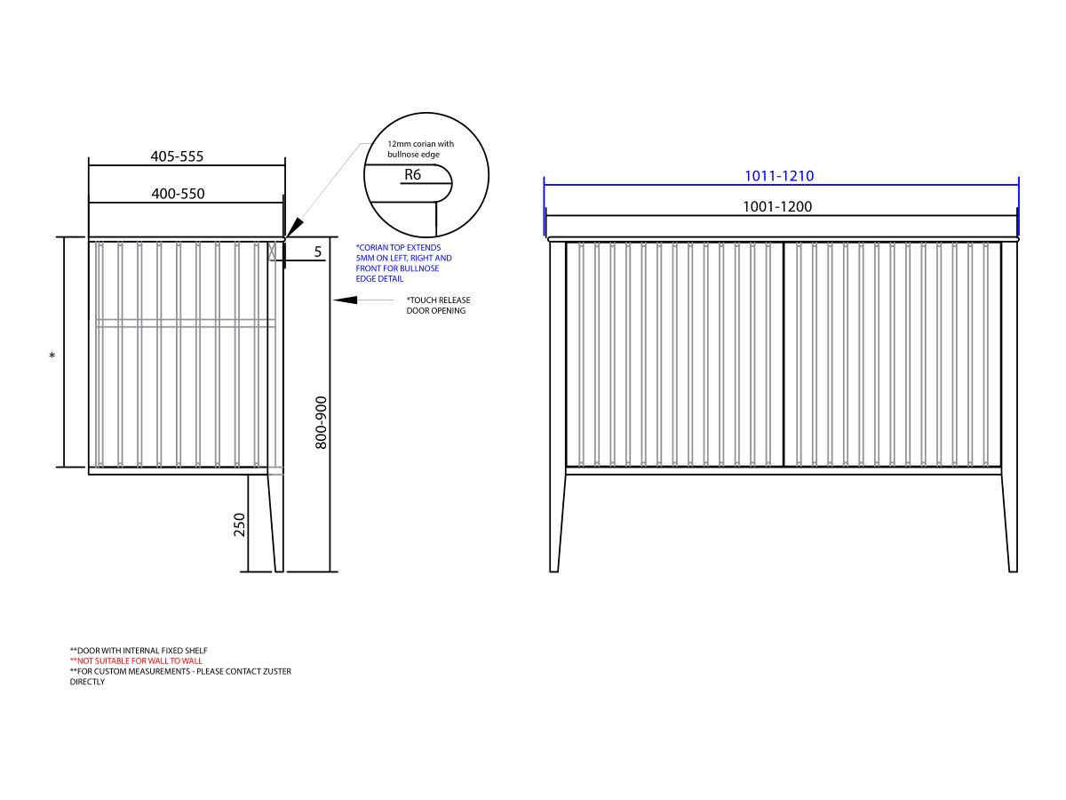 ISSY Custom Cloud I 1001-1200mm x 400-550mm x 800-900mm Vanity Unit with Legs 2 Touch Latch Doors Semi Inset (No Basin)