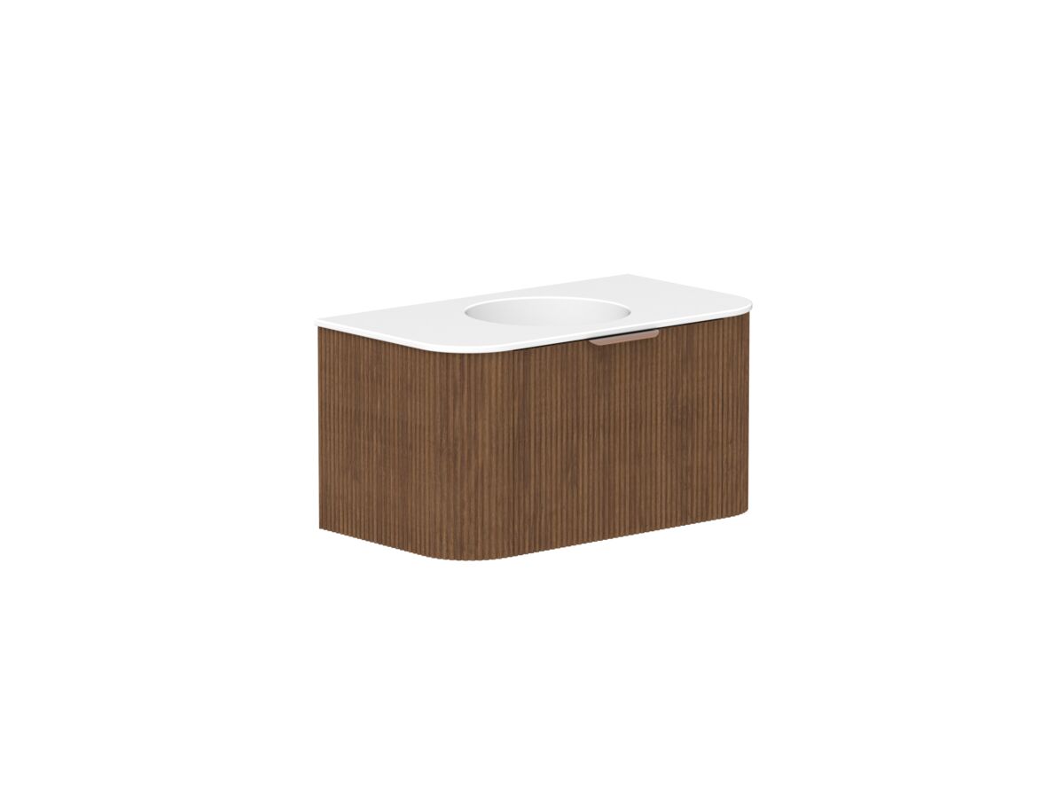 Supporting Image - Kado Neue Fluted Double Curve 900mm Wall Hung Vanity Centre Basin Matte White Ceramic Top Florentine Walnut
