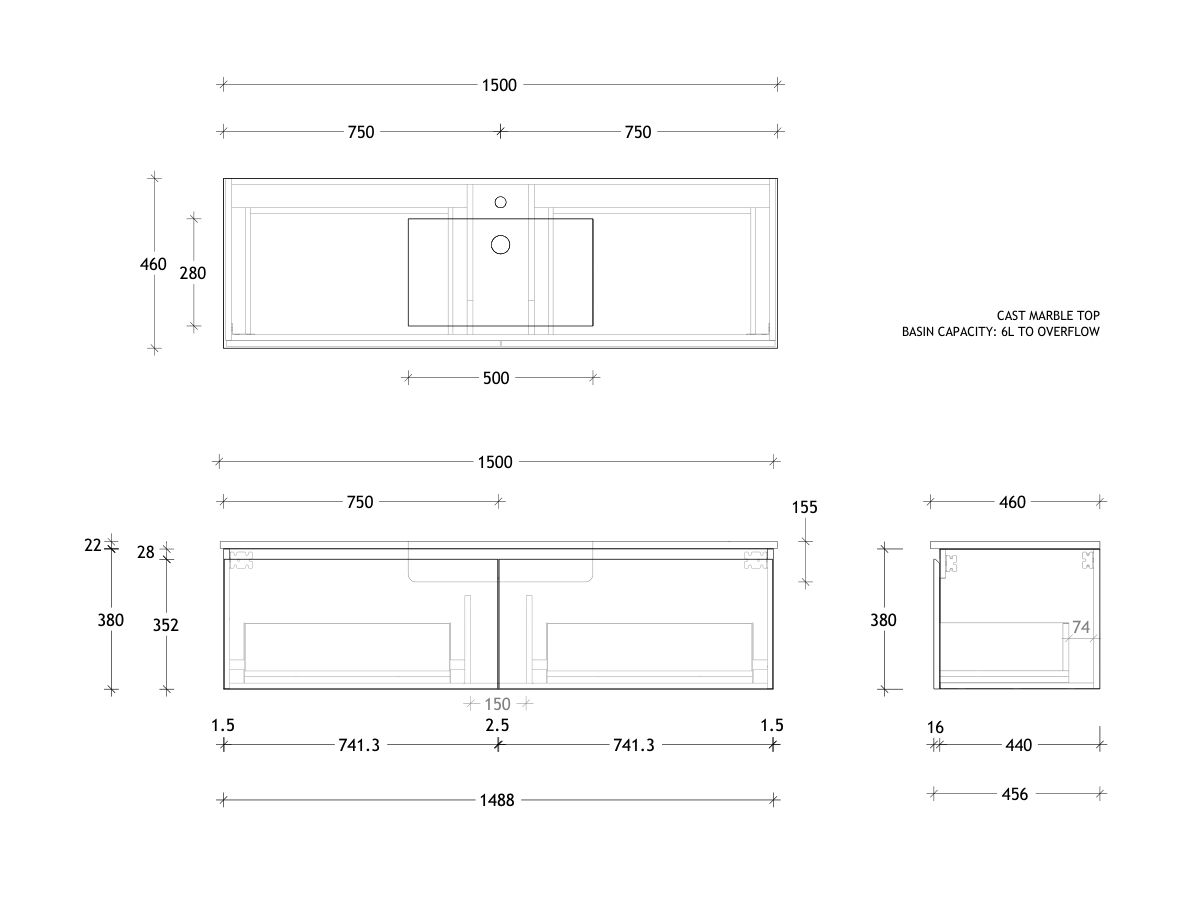 Posh Domaine All-Drawer 1500mm Single Bowl Basin Wall Hung Vanity Cast Marble Top