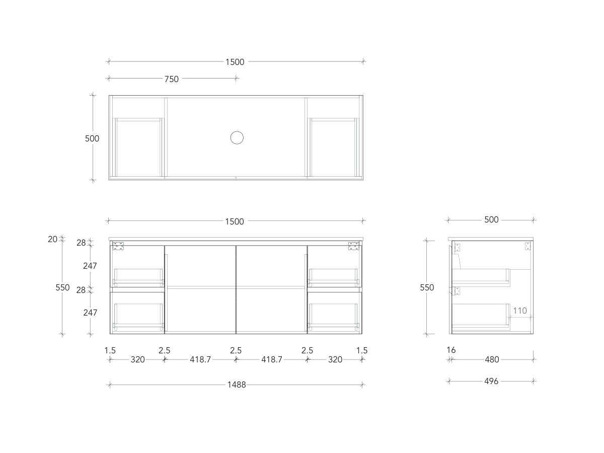 Technical Drawing - Posh Domaine Conventional 1500mm Wall Hung Vanity Centre Basin 20mm Top