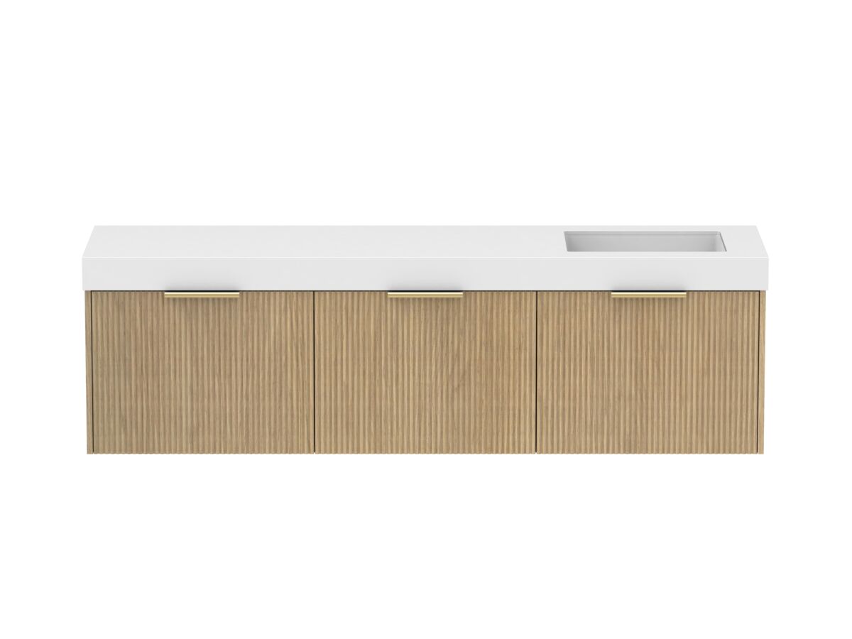 Supporting Image - Kado Neue Fluted Square All Drawer 1800mm Wall Hung Vanity with Right Hand Basin 90mm Top Boston Oak
