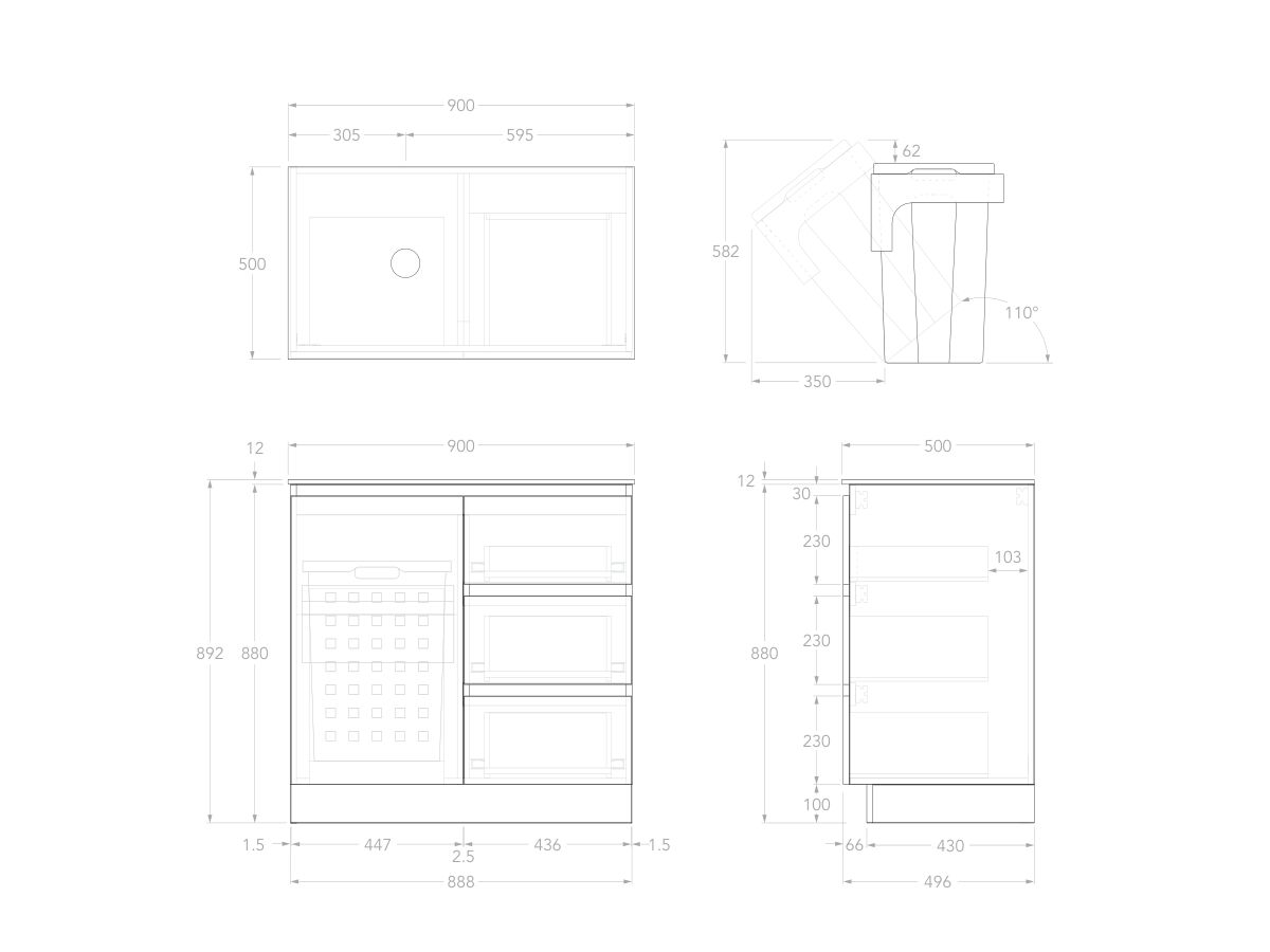 Technical Image - Posh Domaine Plus Hamper 900 Floor Mounted Left Bowl 12mm Durasein Top