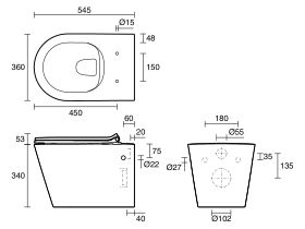Technical Drawing - Kado Lux Wall Hung Rimless Plus Pan with Soft Close Quick Release Thin Seat White (4 Star)