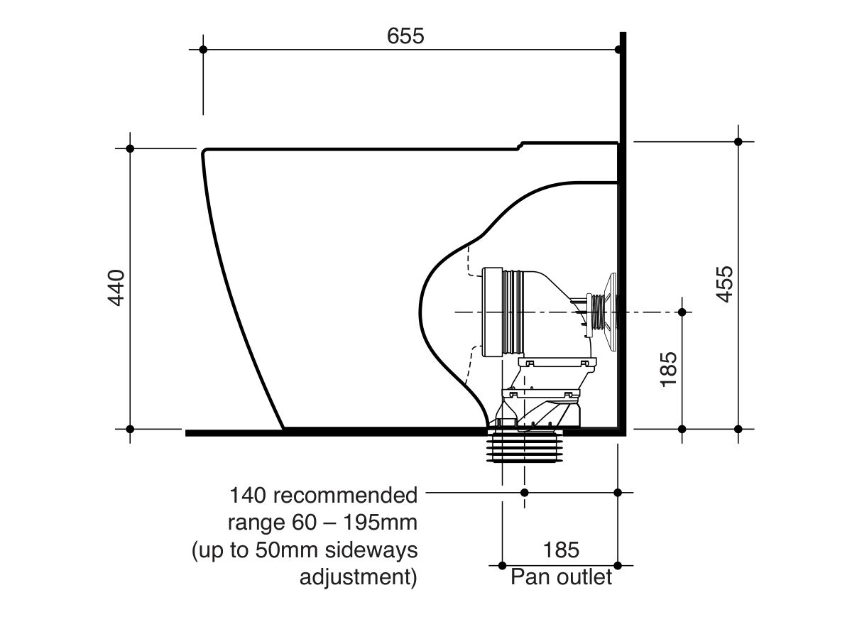 Technical Drawing - Caroma Forma II Cleanflush Close Coupled Back to Wall Back Inlet Pan (4 Star)