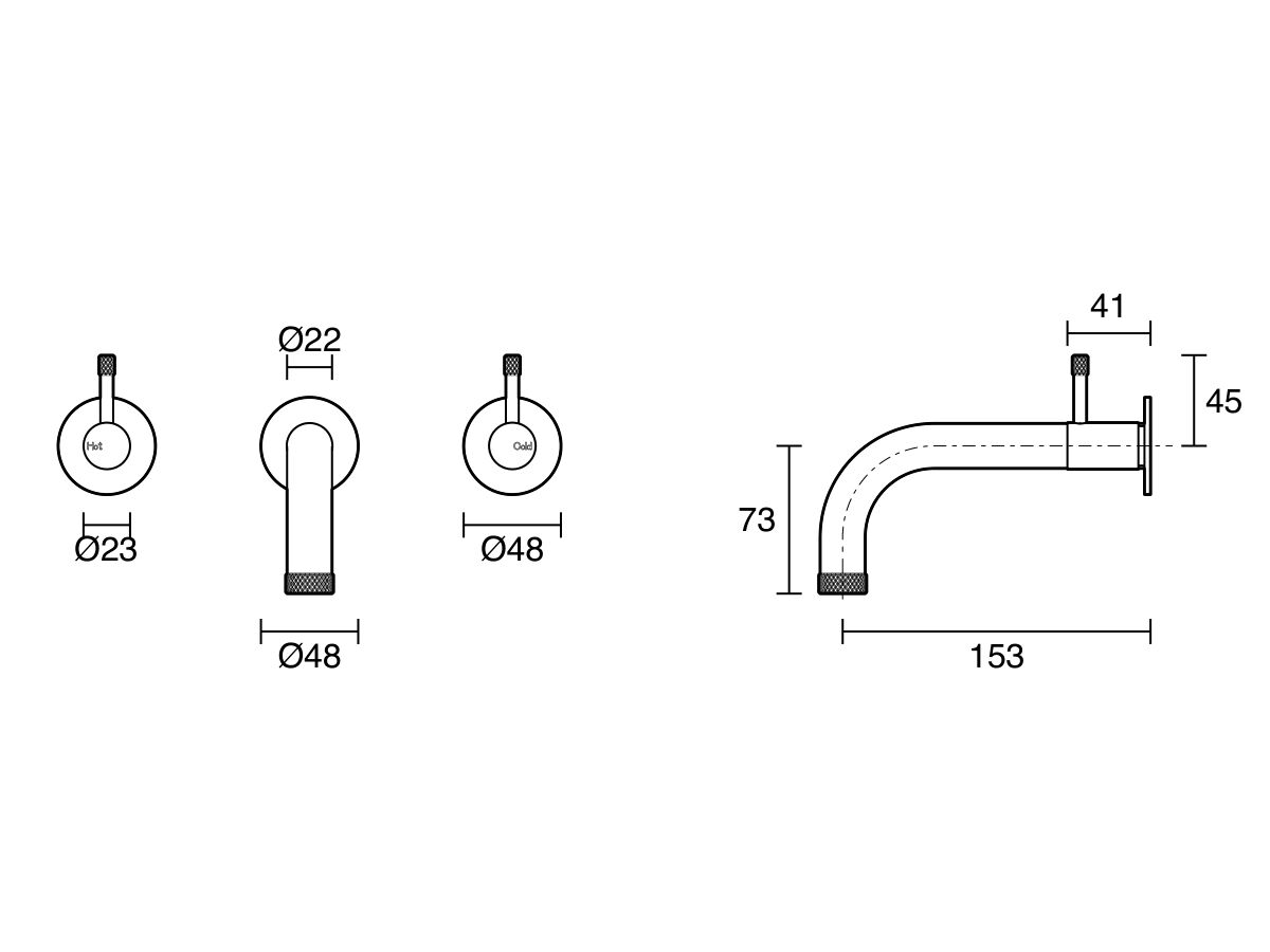 Technical Drawing - Sussex Scala Nova Wall Basin/Bath Set 150mm (5 Star) Lead Free