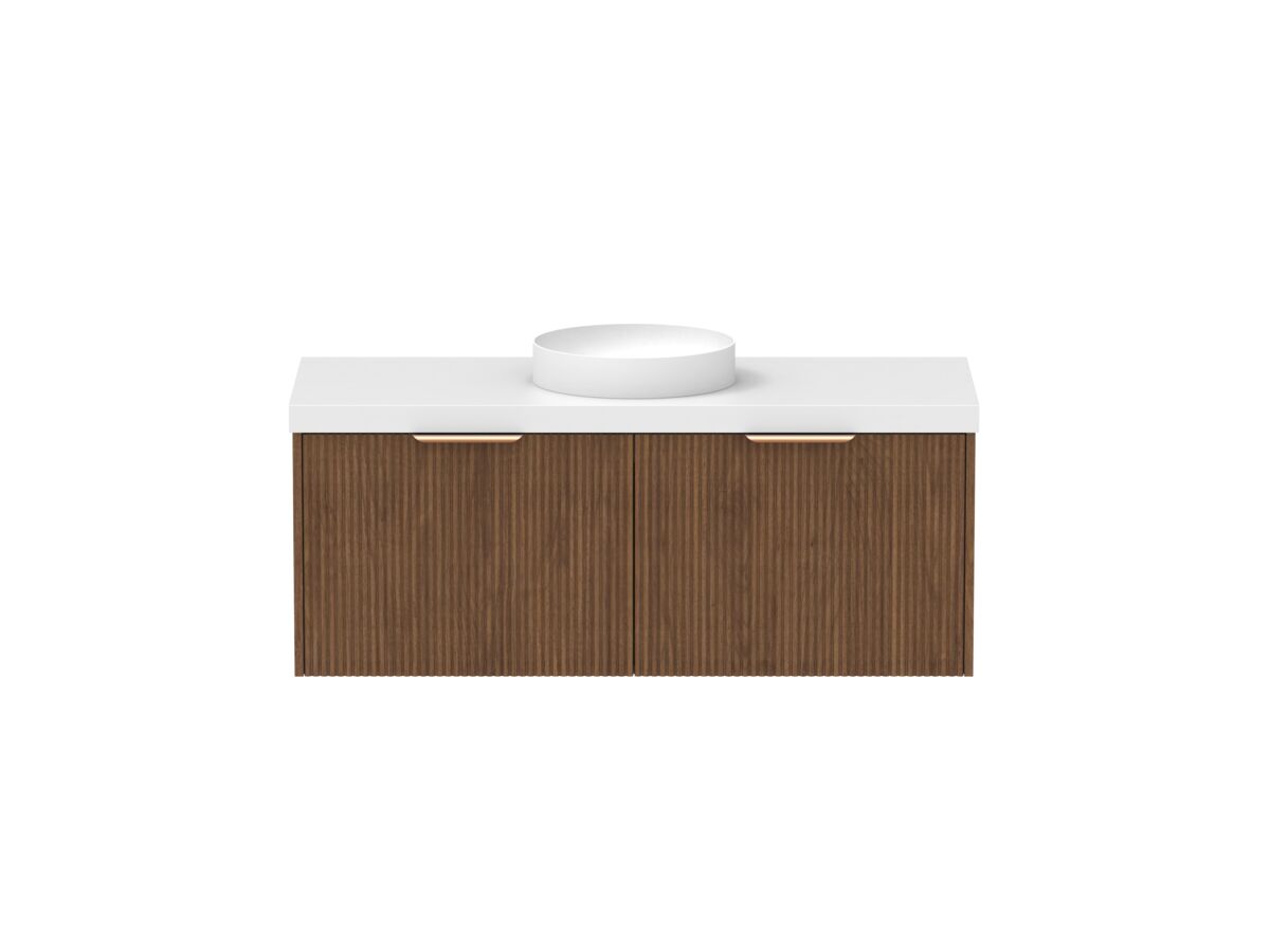 Supporting Image - Kado Neue Fluted Square All Drawer 1200mm Wall Hung Vanity with Centre Basin 50mm Top Florentine Walnut