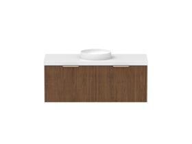 Supporting Image - Kado Neue Fluted Square All Drawer 1200mm Wall Hung Vanity with Centre Basin 50mm Top Florentine Walnut