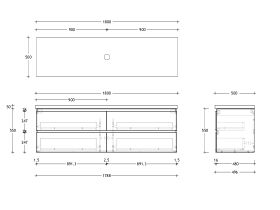 Technical Drawing - Posh Domaine 1800mm Wall Hung Twin Vanity Unit All-Drawer Single Bowl 50mm Top