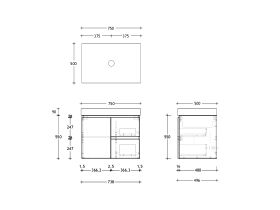 Technical Drawing - Posh Domaine 750mm Wall Hung Vanity Unit Conventional 90mm Top