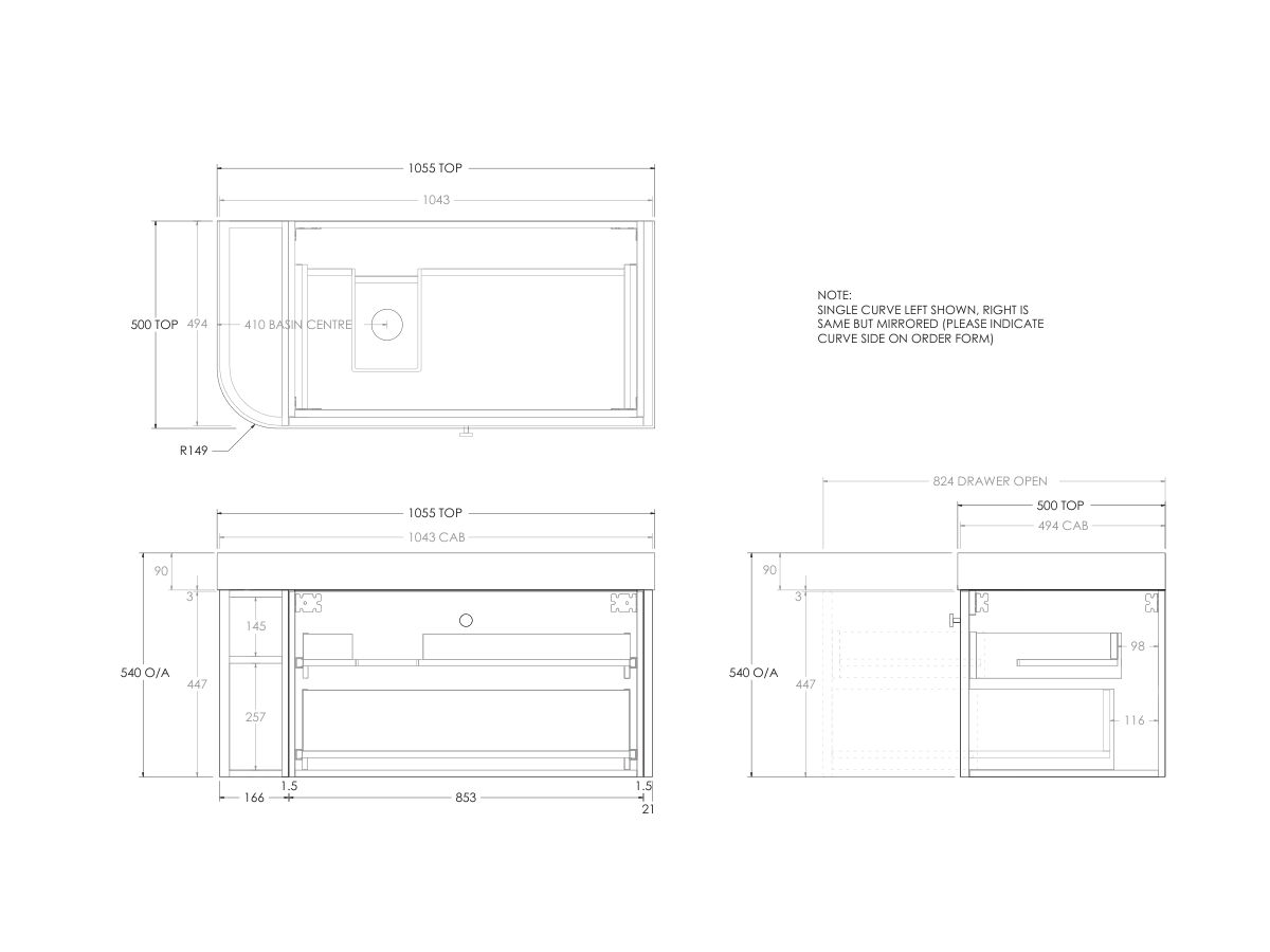 Technical Drawing - Kado Era Single Curve All Drawer 1050mm Wall Hung Vanity Left Hand Basin 90mm Durasein Top