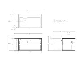 Technical Drawing - Kado Era Single Curve All Drawer 1050mm Wall Hung Vanity Left Hand Basin 90mm Durasein Top