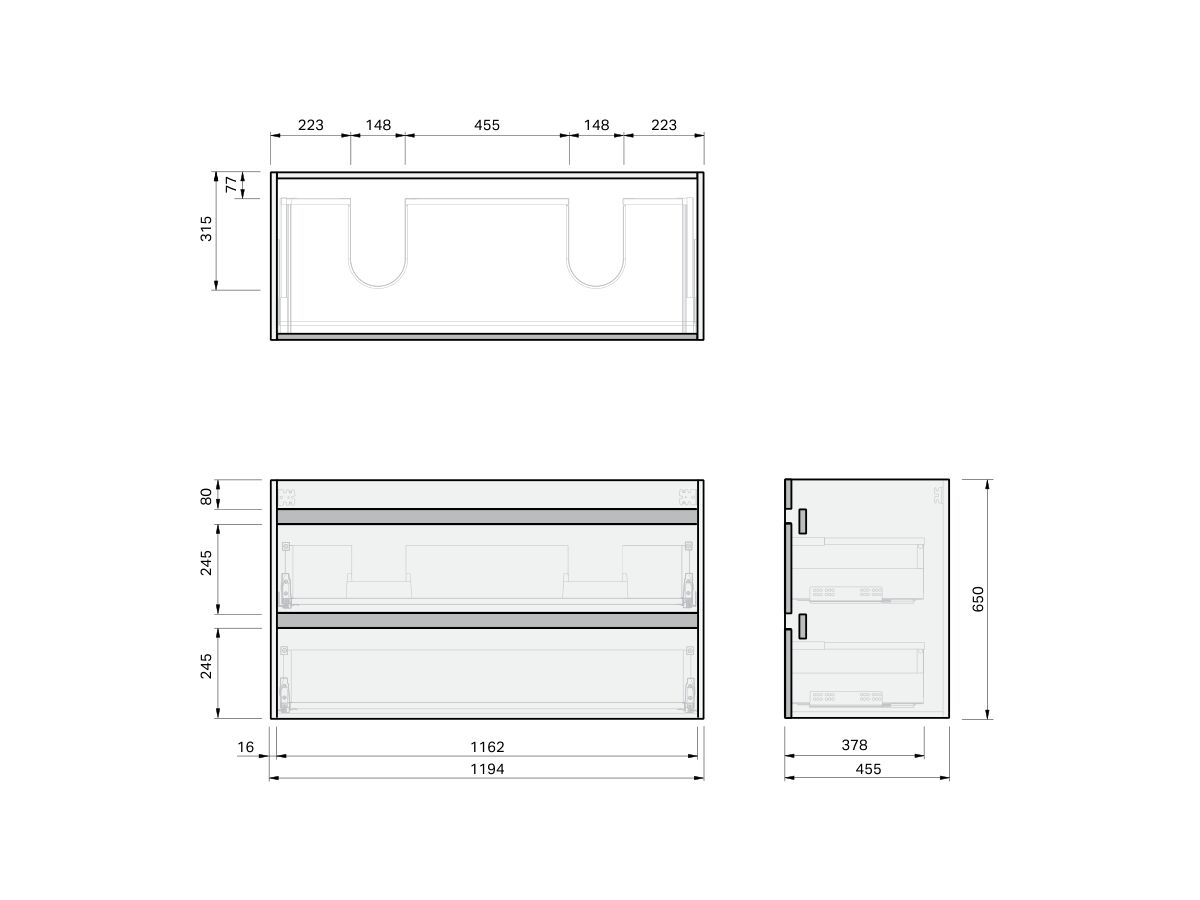 Technical Drawing - Posh Domaine Twin 1200 Double Bowl 2 Drawer Wall Hung Vanity Mineral Cast