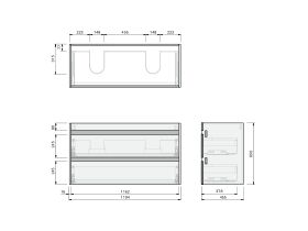Technical Drawing - Posh Domaine Twin 1200 Double Bowl 2 Drawer Wall Hung Vanity Mineral Cast