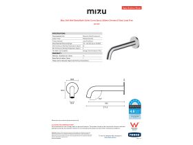 Specification Sheet - Mizu Drift Wall Basin/Bath Outlet Curve Spout 200mm Chrome (6 Star) Lead Free