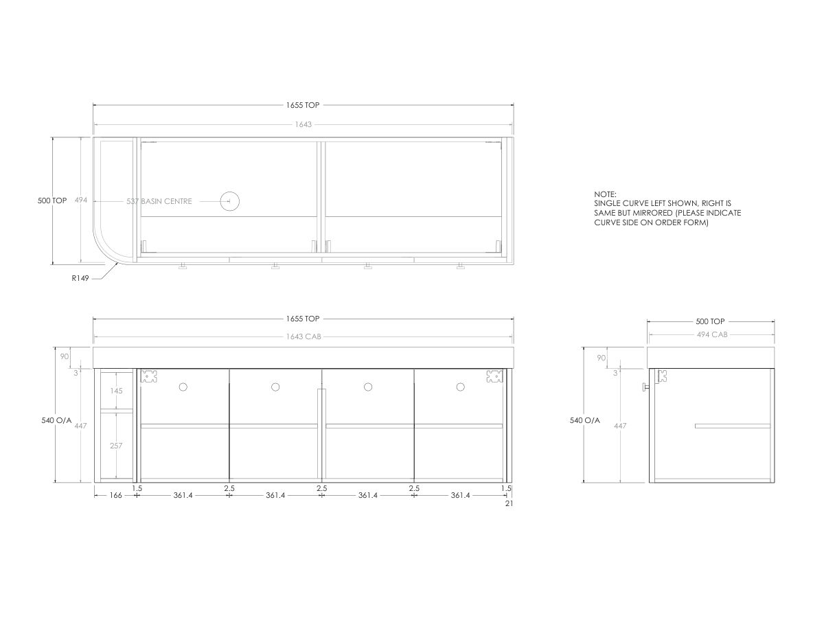 Technical Drawing - Kado Era Single Curve All Door 1650mm Wall Hung Vanity Left Hand Basin 90mm Durasein Top