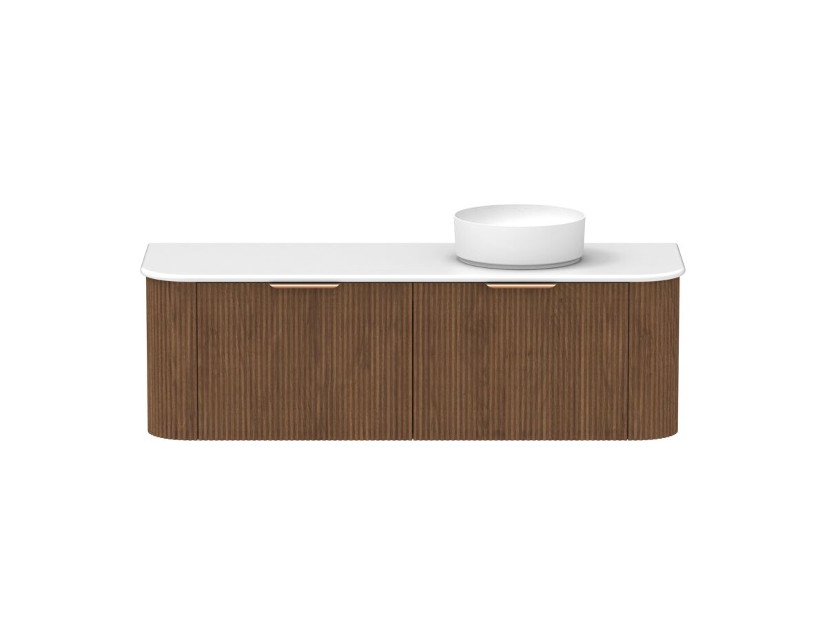 Hero - Kado Neue Fluted Double Curve All Drawer 1500 Wall Hung Vanity with Right Hand Basin 20mm Florentine Walnut
