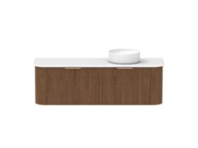 Hero - Kado Neue Fluted Double Curve All Drawer 1500 Wall Hung Vanity with Right Hand Basin 20mm Florentine Walnut