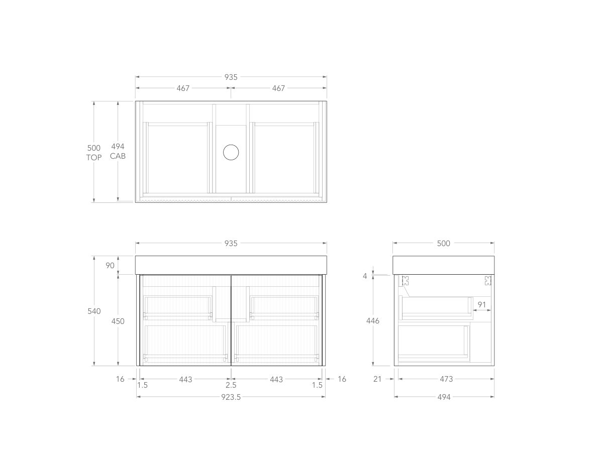 Technical Drawing - Kado Neue Fluted Square All Drawer 900mm Wall Hung Vanity with Centre Basin 90mm Top