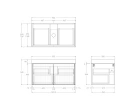 Technical Drawing - Kado Neue Fluted Square All Drawer 900mm Wall Hung Vanity with Centre Basin 90mm Top