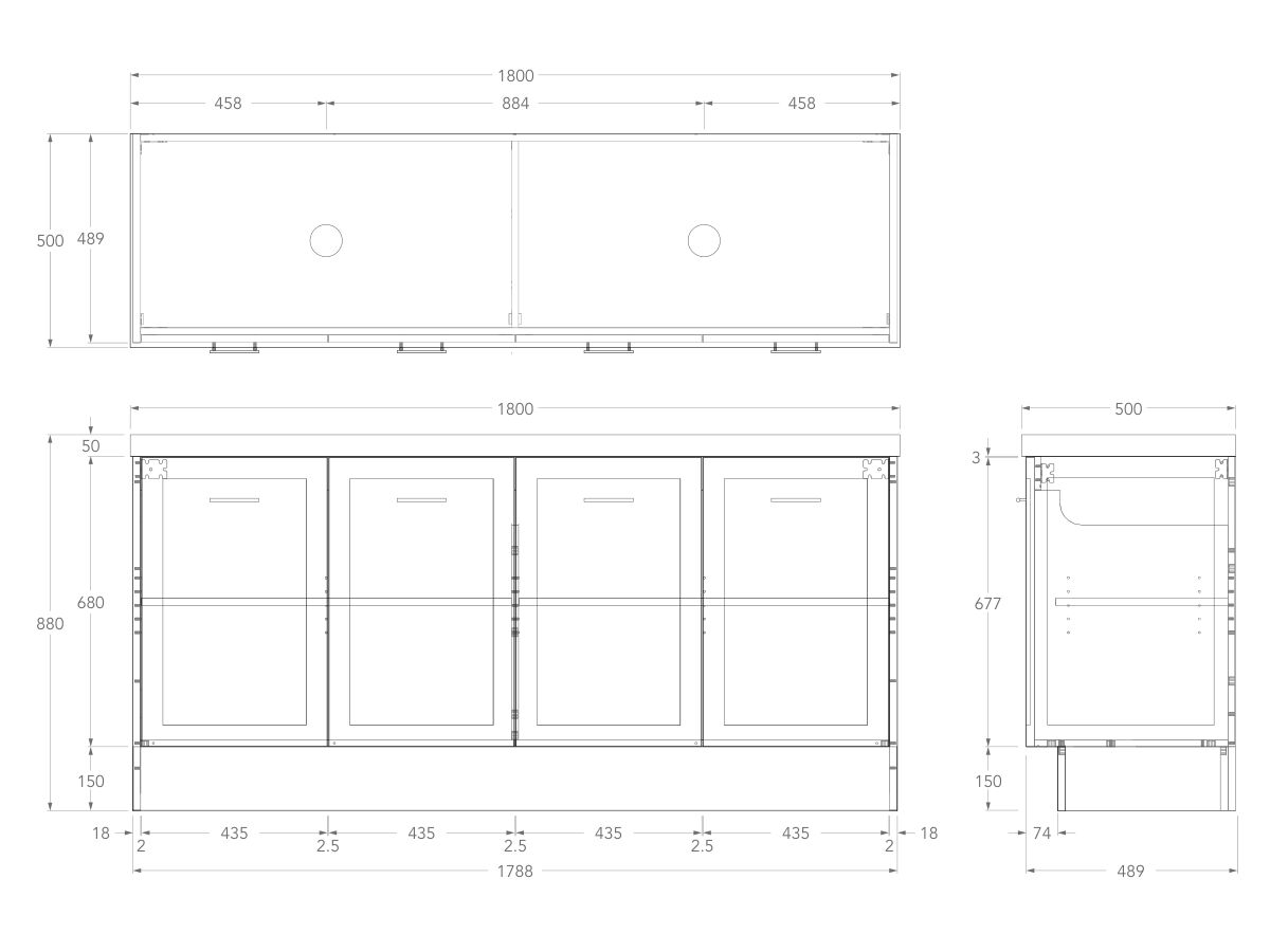 Technical Drawing - Kado Lux All Door 1800mm Double Bowl Floor Mount 50mm Top