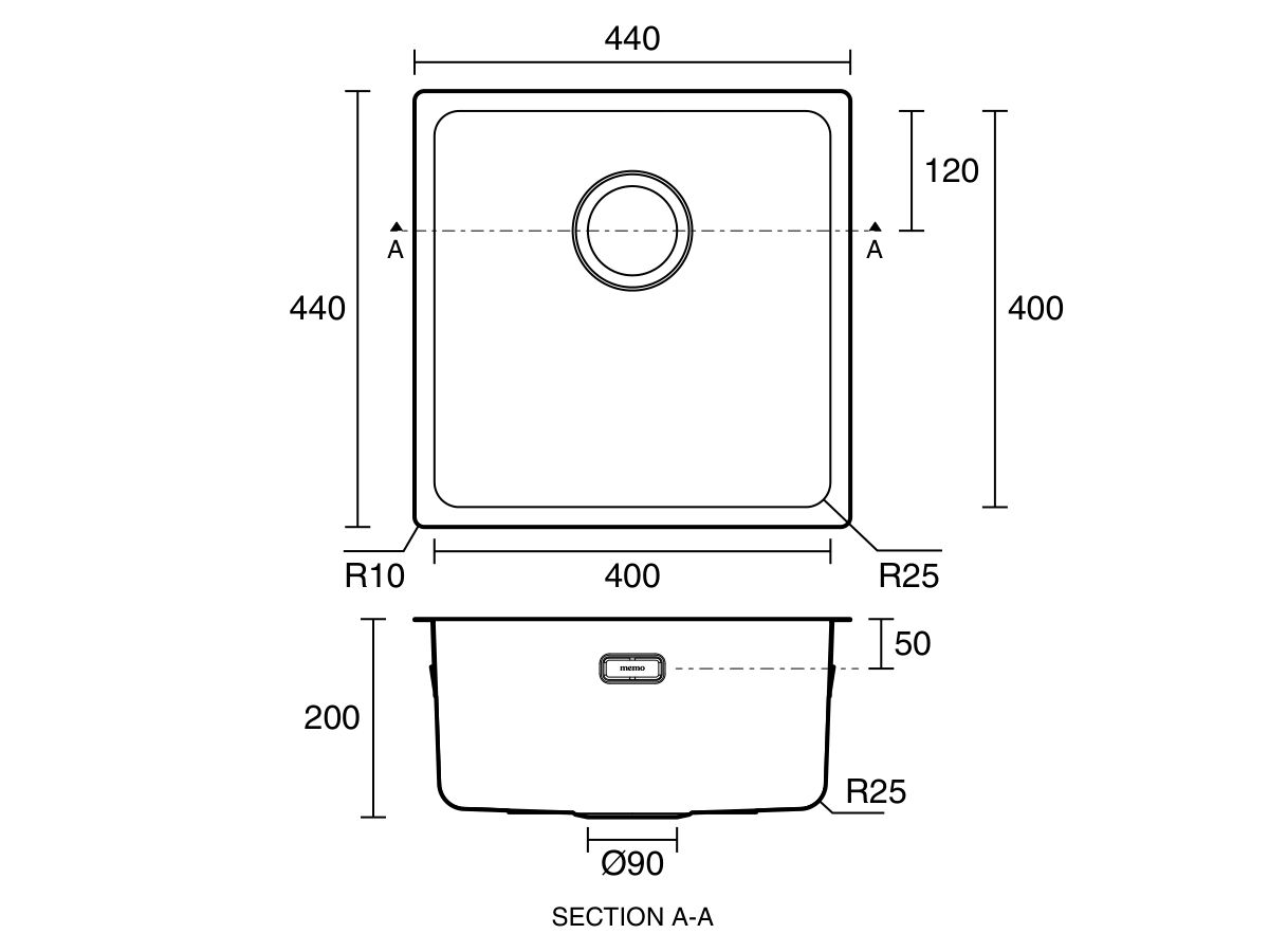 Technical Drawing - Memo Oscar Inset/Undermount Single Bowl Sink 400mm Overflow No Taphole