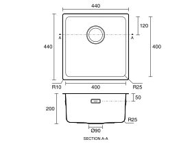 Technical Drawing - Memo Oscar Inset/Undermount Single Bowl Sink 400mm Overflow No Taphole