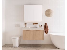 Kado Neue Fluted Square All Drawer 900mm Wall Hung vanity with Blonde Oak cabinets, 90mm Cherry Pie benchtop in Alabaster and Francis handle in Copper